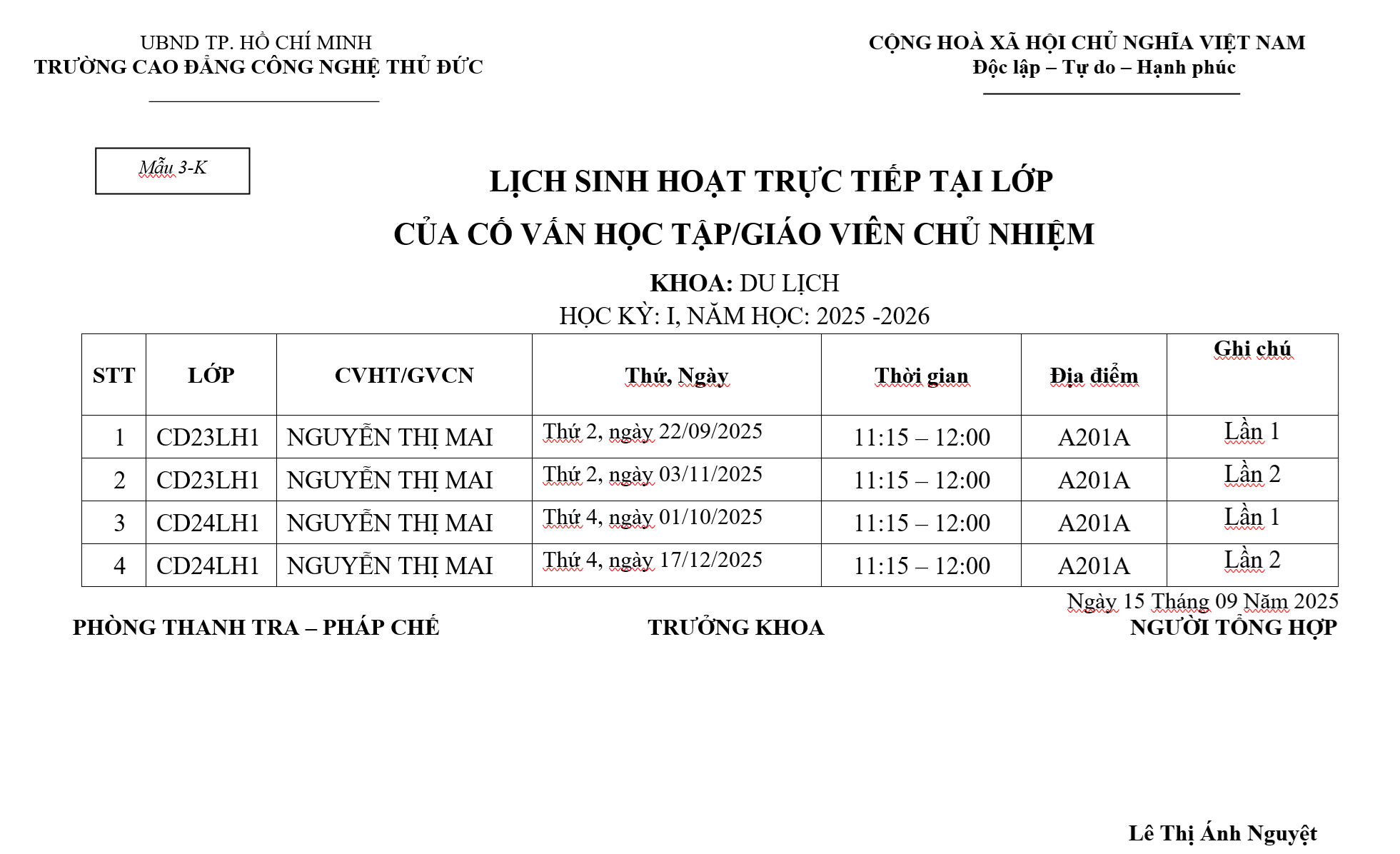 LỊCH SINH HOẠT LỚP TRỰC TIẾP CÔ MAI - HK1 (NĂM HỌC: 2025 -2026)